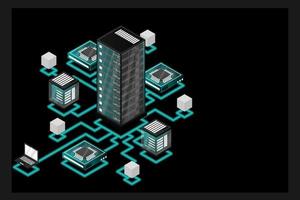 Concept of data network management .Vector isometric map with business networking servers computers and devices vector