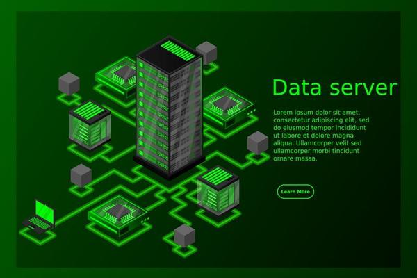 Concept of data network management .Vector isometric map with business networking servers computers and devices