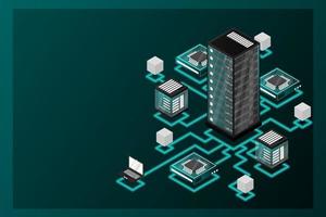 Concept of data network management .Vector isometric map with business networking servers computers and devices vector