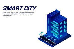 Smart city or intelligent building isometric vector concept. Modern smart city urban planning and development infrastructure buildings