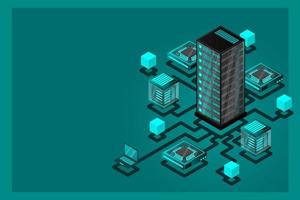 Concept of data network management .Vector isometric map with business networking servers computers and devices vector