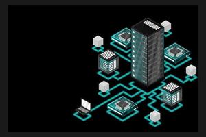 Concept of data network management .Vector isometric map with business networking servers computers and devices vector