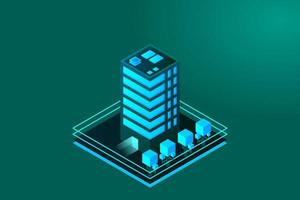 Smart city or intelligent building isometric vector concept. Modern smart city urban planning and development infrastructure buildings