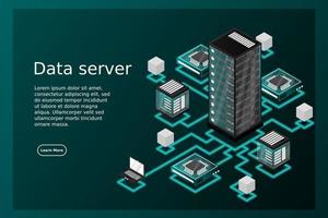 concepto de gestión de red de datos .mapa isométrico de vector con servidores de redes de negocios, computadoras y dispositivos