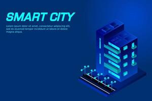 Smart city or intelligent building isometric vector concept. Modern smart city urban planning and development infrastructure buildings