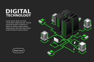 concepto de gestión de red de datos .mapa isométrico de vector con servidores de redes de negocios, computadoras y dispositivos