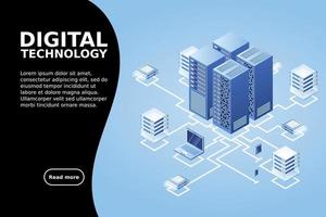 concepto de gestión de red de datos .mapa isométrico de vector con servidores de redes de negocios, computadoras y dispositivos