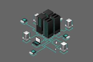 concepto de gestión de red de datos .mapa isométrico de vector con servidores de redes de negocios, computadoras y dispositivos