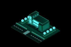 Smart city or intelligent building isometric vector concept. Modern smart city urban planning and development infrastructure buildings