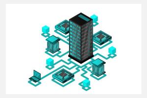 concepto de gestión de red de datos .mapa isométrico de vector con servidores de redes de negocios, computadoras y dispositivos