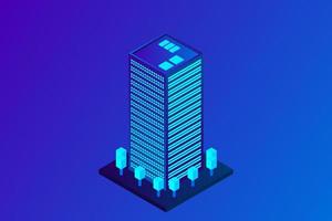 ciudad inteligente o concepto de vector isométrico de edificio inteligente. Edificios de infraestructura de desarrollo y planificación urbana de ciudad inteligente moderna