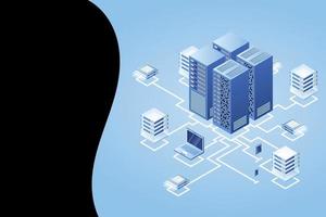 Concept of data network management .Vector isometric map with business networking servers computers and devices vector