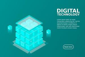 Banner de web de tecnología digital isométrica. algoritmos de aprendizaje automático de big data. análisis e información vector