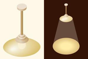 Isometric vector celling light. 3D rendering lamp for celling home interior illustration with dropping light on the floor.