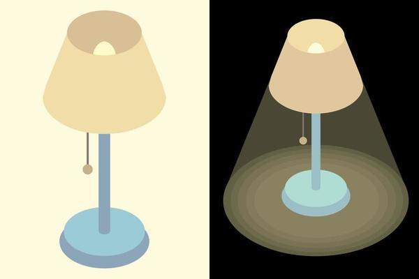 Table lamp isometric illustration. Night bulb 3D rendering isolated with dropping light.