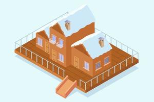 Ski resort wood cabin vector isometric, 3D rendering. Isometric projection of ski resort wood house illustration with snow covered roofs on the snow platform. Vector illustration