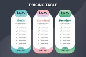 tabla de comparación de precios moderna para tres productos o servicios vector