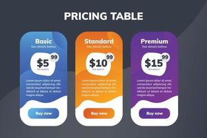 tabla de comparación de precios moderna para tres productos o servicios vector