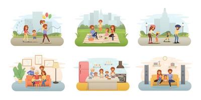conjunto de iconos de dibujos animados planos de vacaciones familiares vector