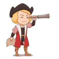 Cartoon character of Christopher Columbus holding telescope. Columbus day. vector