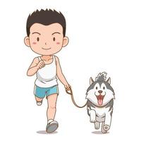 personaje de dibujos animados de niño corriendo con perro husky siberiano. vector