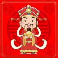 Cartoon illustration of God of Wealth holding gold ingot on red background for Chinese new year celebration. vector