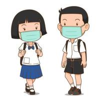 Cartoon character of junior high school student Boy and Girl wearing hygienic mask. vector