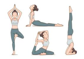 conjunto de mujer de dibujos animados en posturas de yoga. vector