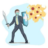 cartoon vector business man fighting coronavirus, covid-19.