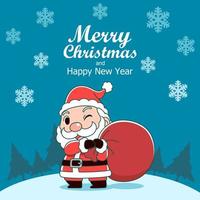 Merry Christmas greeting card with Santa Claus holding bag. vector