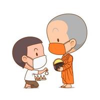 Cartoon character of Buddhist monks receive food from a boy, they both are wearing mask. vector