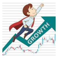 Cartoon illustration of businessman flying up with growth stock chart background. vector