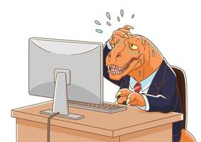 Cartoon illustration of Dinosaur wearing suit working with computer. vector