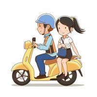 personaje de dibujos animados de motociclista y la chica que monta el pasajero en una motocicleta taxi. vector