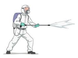 Cartoon character of disinfectant worker wearing protective mask and clothes, spraying coronavirus or covid-19. vector