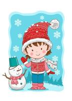 Cute winter girl and snowman. vector