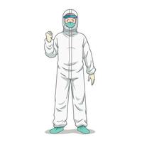 Cartoon character of doctor in safety protective clothing.
