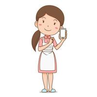 Cartoon character of housewife shopping online via smartphone. vector