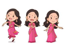 Set of cartoon Indian girl in traditional costume. vector