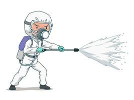 Cartoon character of disinfectant worker wearing protective mask and clothes, spraying coronavirus or covid-19.