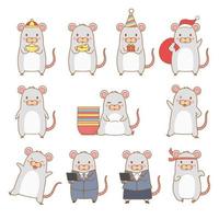 Set of cartoon rat in different poses. Year of the rat. vector