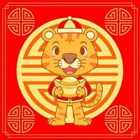 Cartoon illustration of cute tiger holding gold ingot on red background for Chinese new year celebration. vector