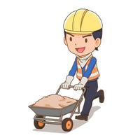Cartoon character of builder with double wheelbarrow. vector