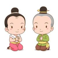 Cartoon character of Thai boy and girl in traditional costume, putting hands together for Sawasdee. vector