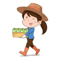 Cartoon character of agriculturist girl carrying vegetables. vector