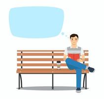 Young man reading book on the bench. Rest and outdoor quiet time. Vector illustration. Speech bubbles