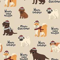 Seamless pattern of dogs in winter knitted red white hats and scarfs, lettering, gifts. Labrador retriever, poodle puppy, buldog, akita inu, pug. Vector illustration in Christmas time