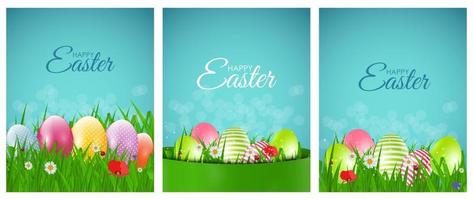 Happy Easter Natural Background with Eggs, grass, flower. Vector Illustration