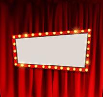 Realistic retro cinema announcement board with bulb frame on curtains background. Vector Illustration