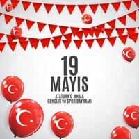 19th may commemoration of Ataturk, youth and sports day. Turkish Speak 19 mayis Ataturku anma, genclik ve spor bayrami. Turkish holiday greeting card. Vector Illustration